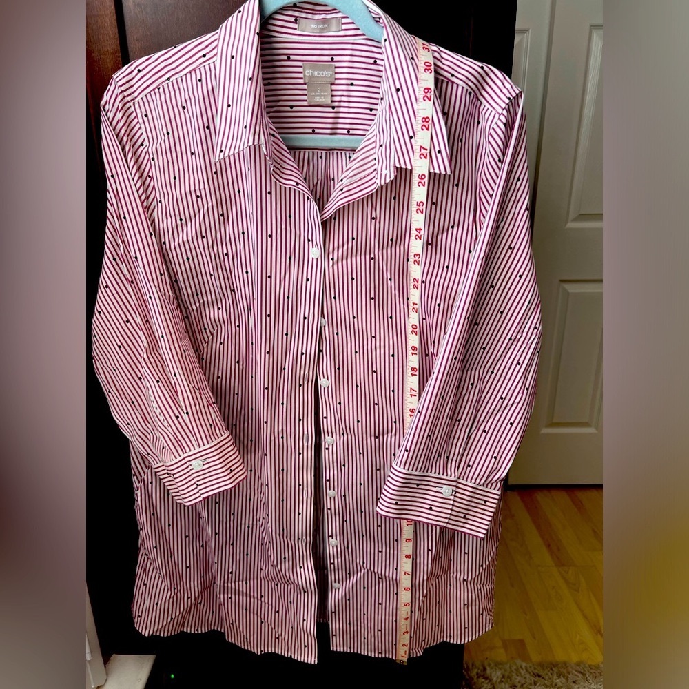 Chico's Linen Red & White Striped Black Polka Dot Button Down Shirt Size 12/14
